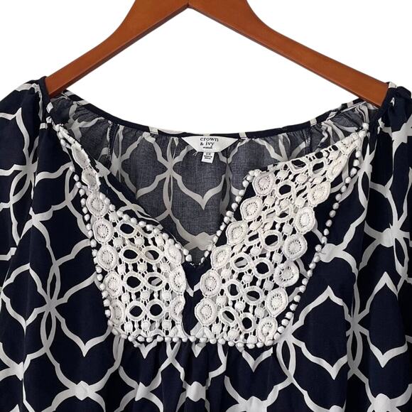 Crown & Ivy Navy, White 3/4 Sleeve Peasant Top, Embroidered, Pom Pom Fringe, XXL - Picture 2 of 12